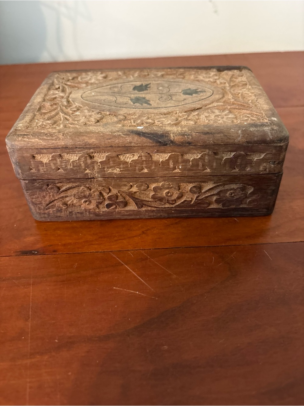 Carved Floral Trinket Jewelry Box with Blue Lining